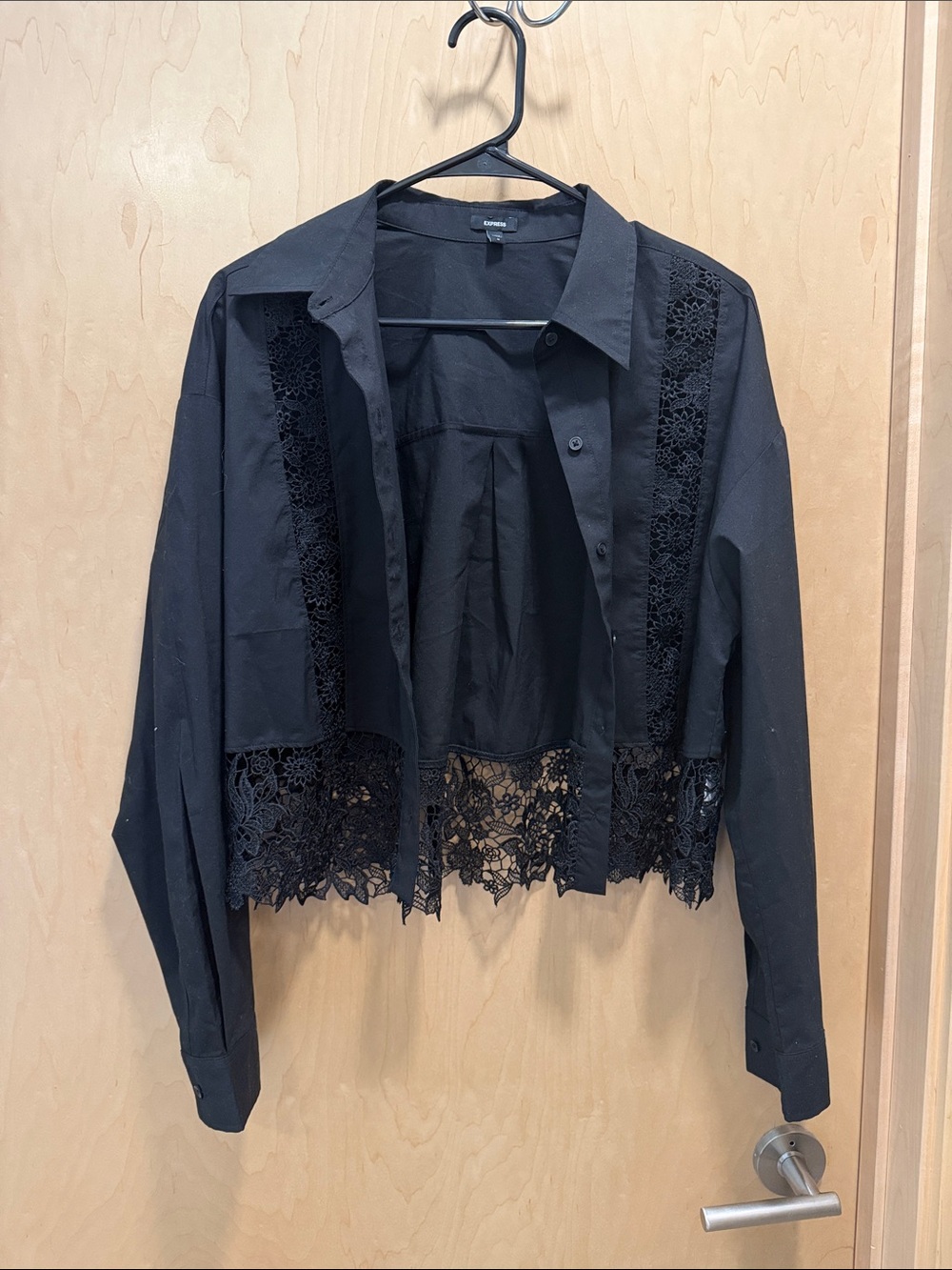 Express Black Lace-Trim Cropped Button-Down Shirt